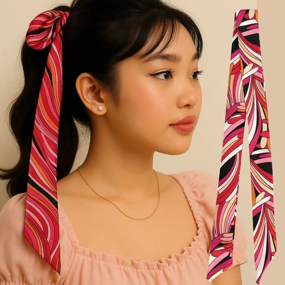 Pink Black Slim Scarf Size 34in Silk Abstract Neck Tie Bag Headband Hat Hair Bow - Picture 1 of 14